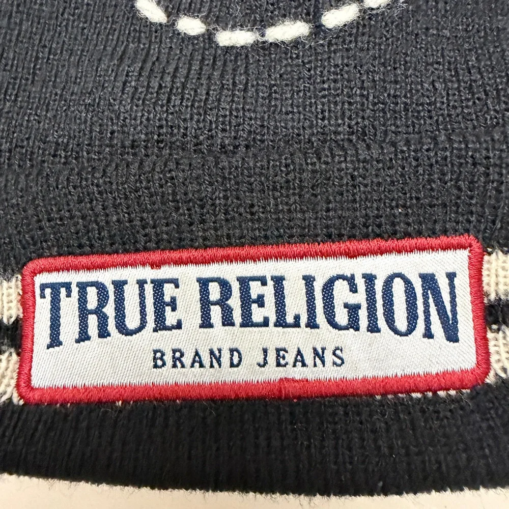 True Religion Beanie - Cuffed Winter Knit Cap with Stitched Yarn Horseshoe Logo